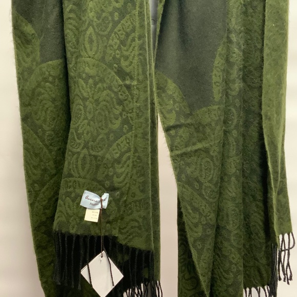 Olive Green & Black Print Scarf with Fringe - Picture 6 of 8
